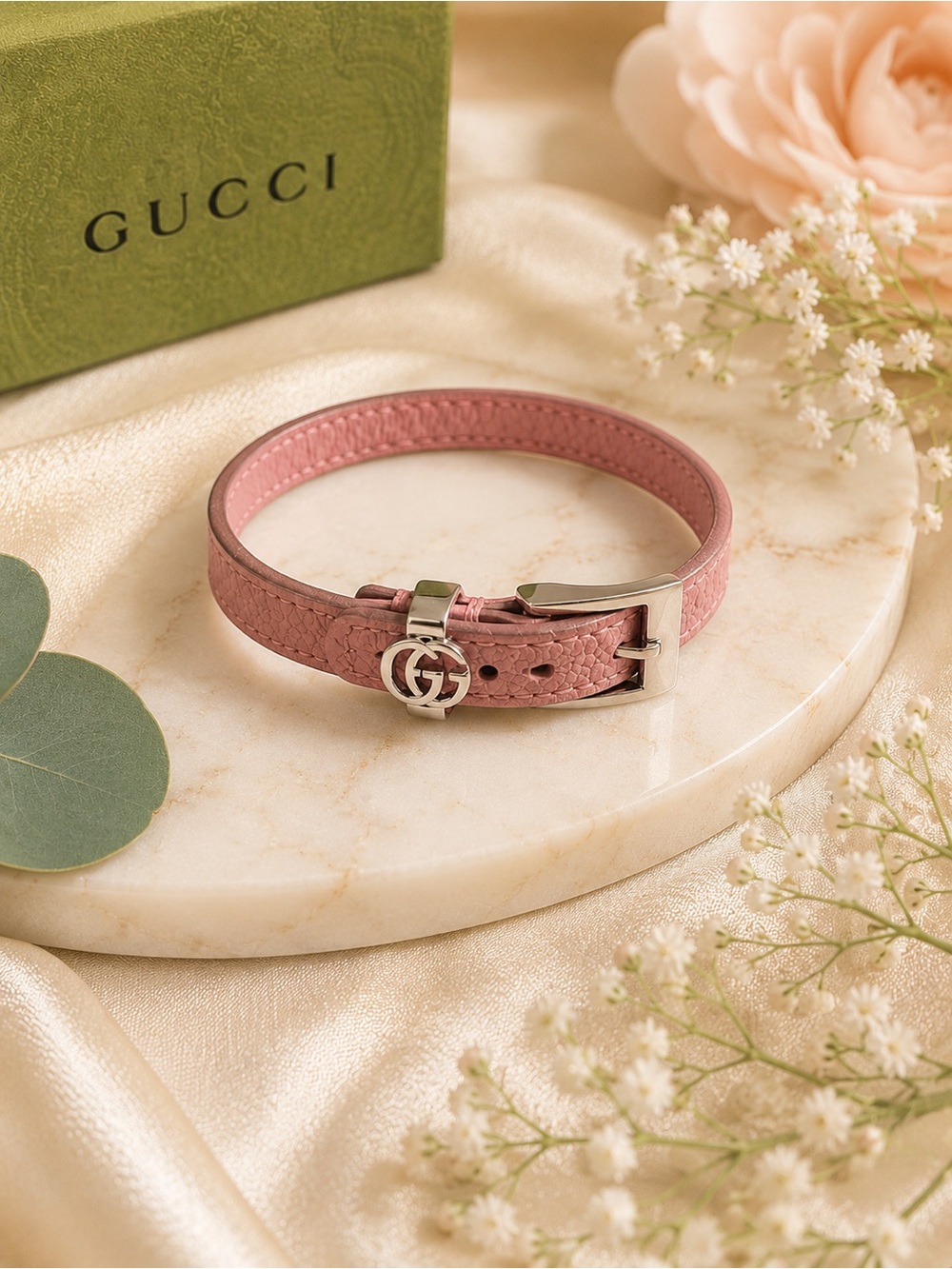 Authentic Gucci Pink Leather Bracelet Full Set Box Pouch Petite 6-6.5”